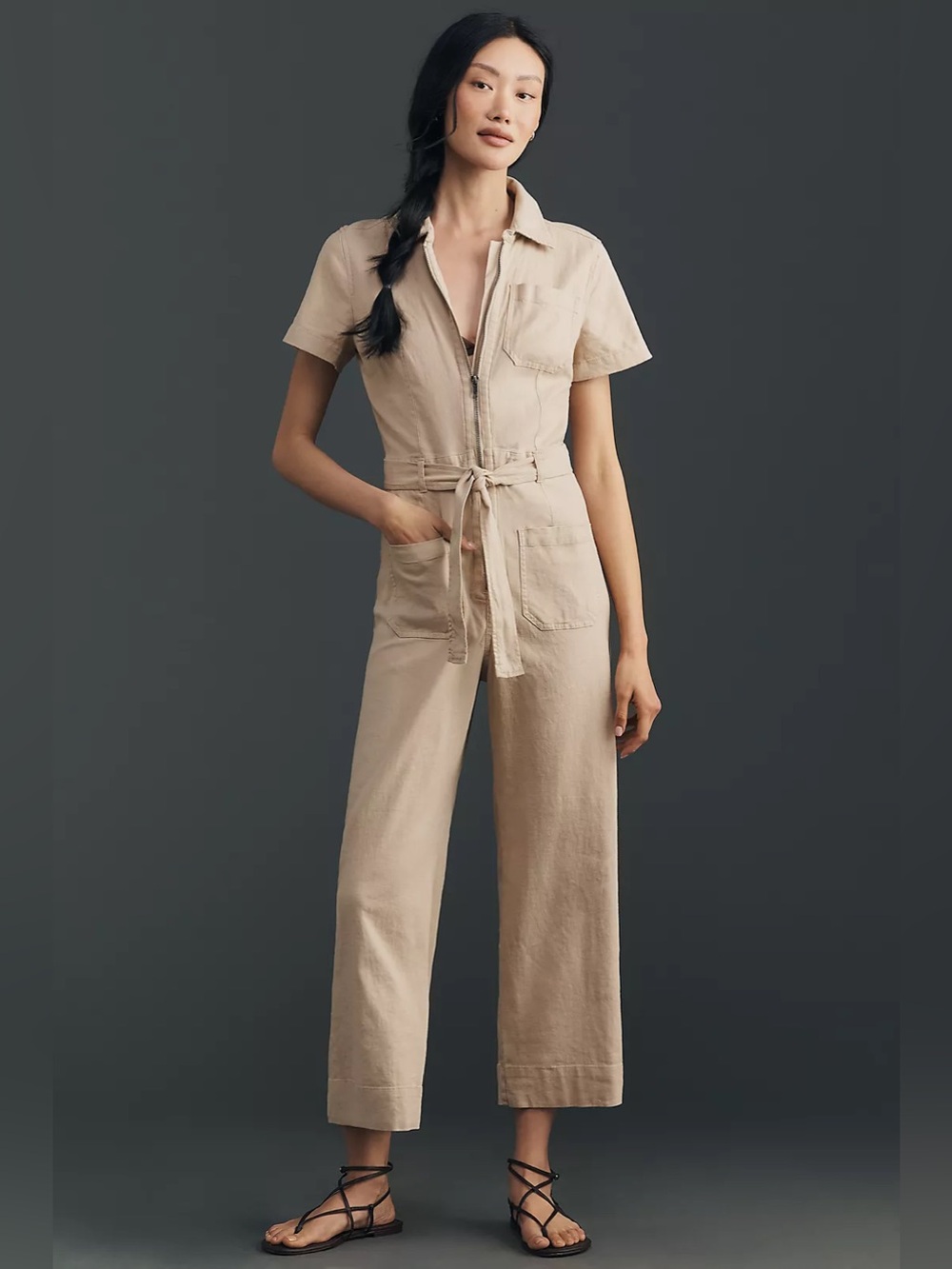 Sanctuary Beige Utility Short-Sleeve Jumpsuit